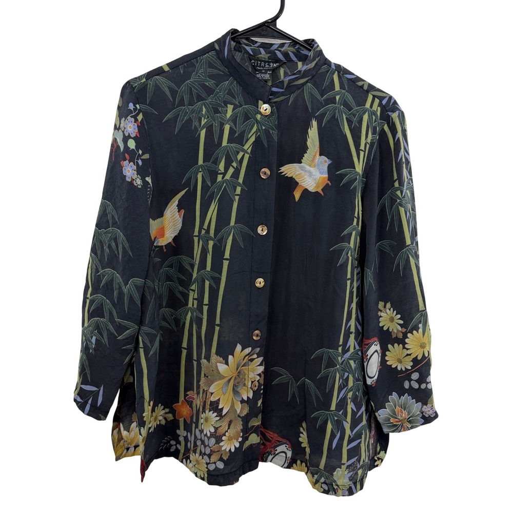 Citron Santa Monica Top Womens Medium Black Rayon Bamboo Bird Floral Button FLAW